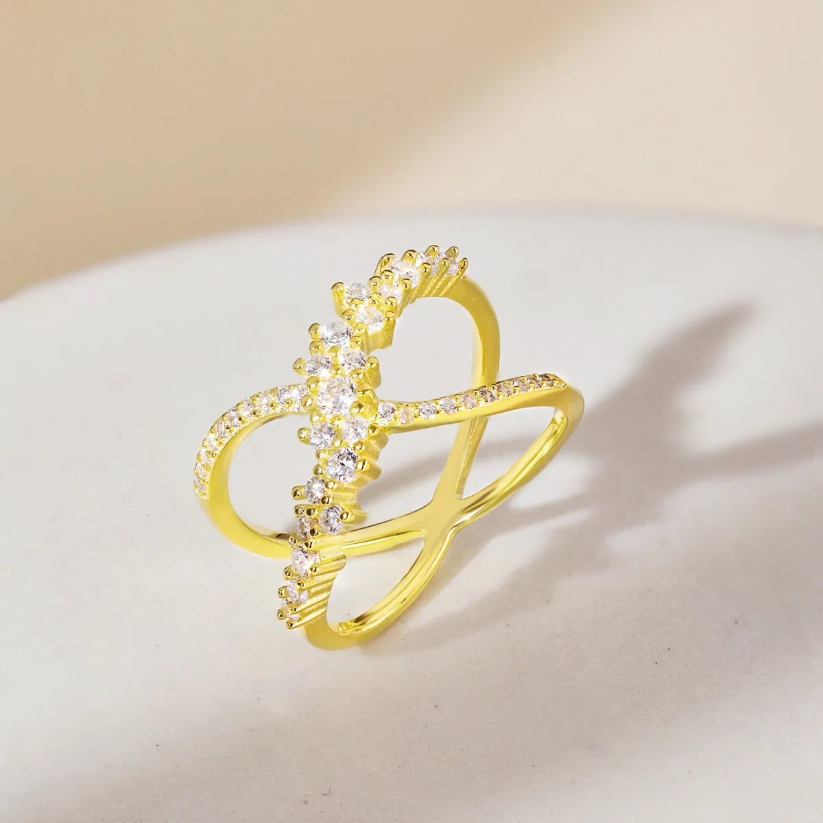 Crystal Criss Cross Band Crossover Ring - Gold