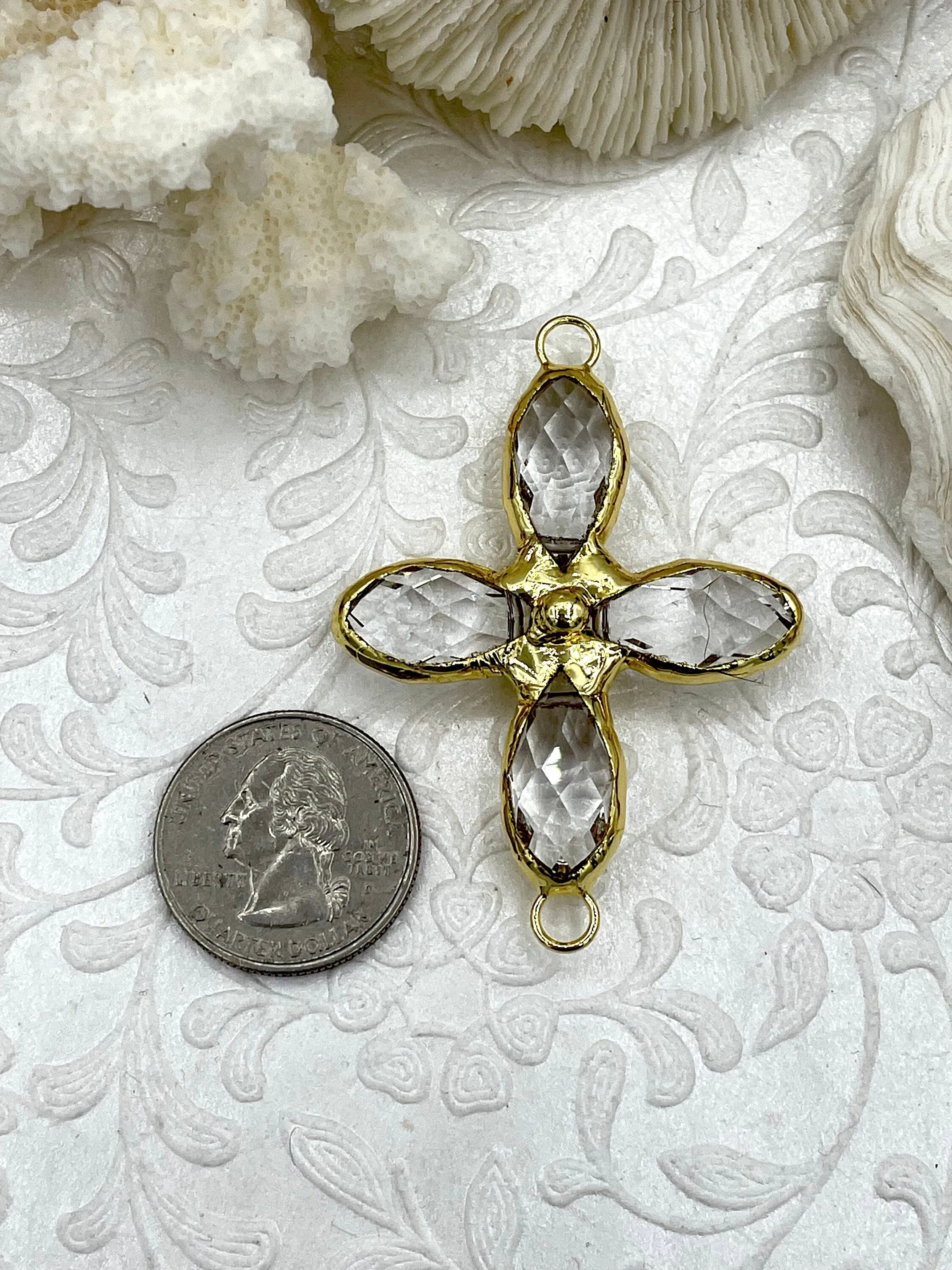 Crystal Gold Soldered Connector Pendant. Flower Shape Connector, Large Soldered  Crystal Charms, 50mm x 43mm, 10mm thick.  Fast Ship