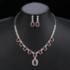 Cubic Zirconia  Engagement Bridal Party Mixed Color Silver Color Green Red Pendant Necklace Earrings 2pcs Jewelry Set CN11133