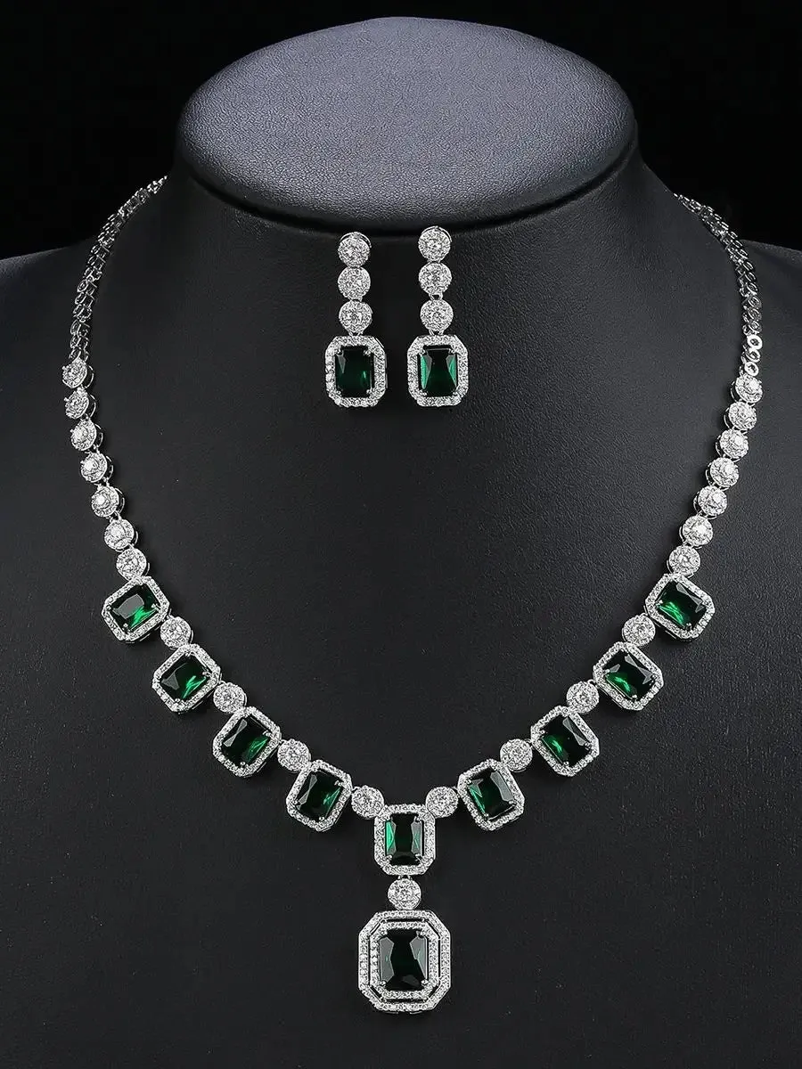 Cubic Zirconia  Engagement Bridal Party Mixed Color Silver Color Green Red Pendant Necklace Earrings 2pcs Jewelry Set CN11133