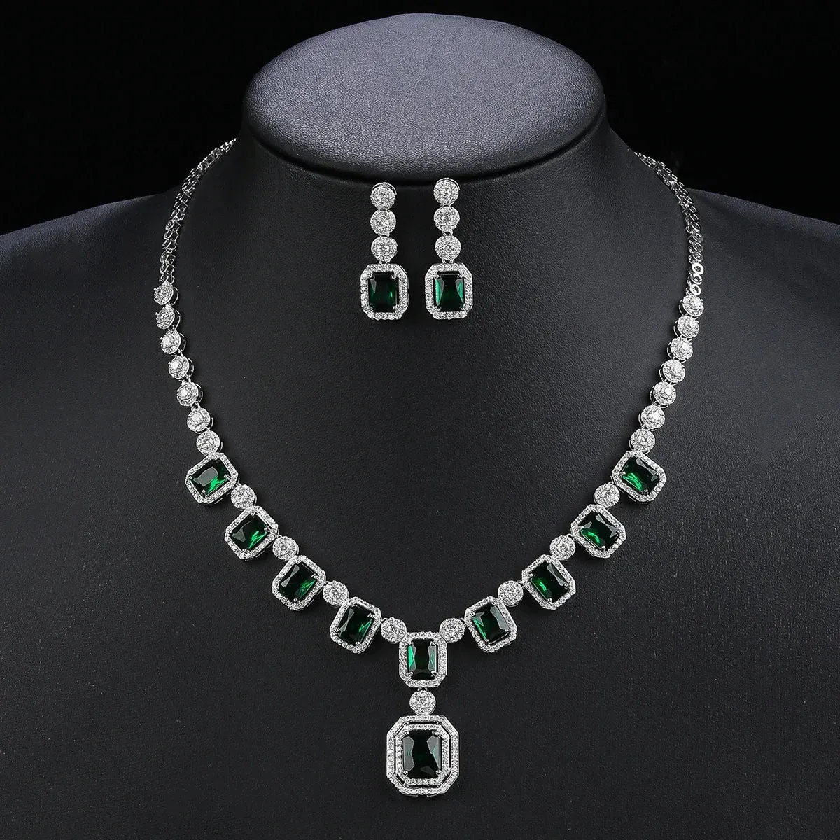 Cubic Zirconia  Engagement Bridal Party Mixed Color Silver Color Green Red Pendant Necklace Earrings 2pcs Jewelry Set CN11133