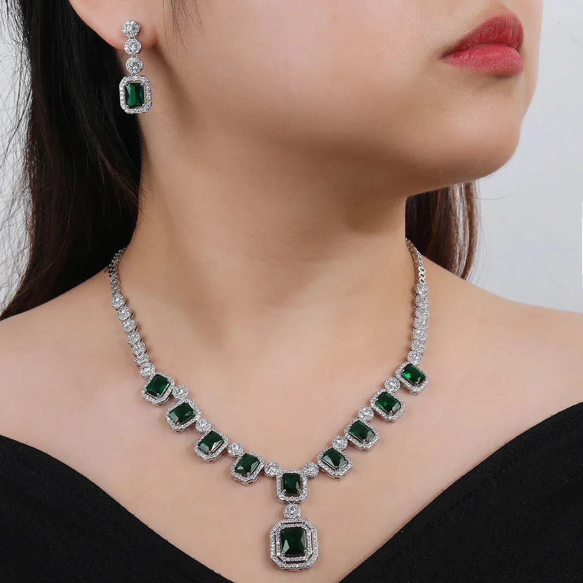 Cubic Zirconia  Engagement Bridal Party Mixed Color Silver Color Green Red Pendant Necklace Earrings 2pcs Jewelry Set CN11133