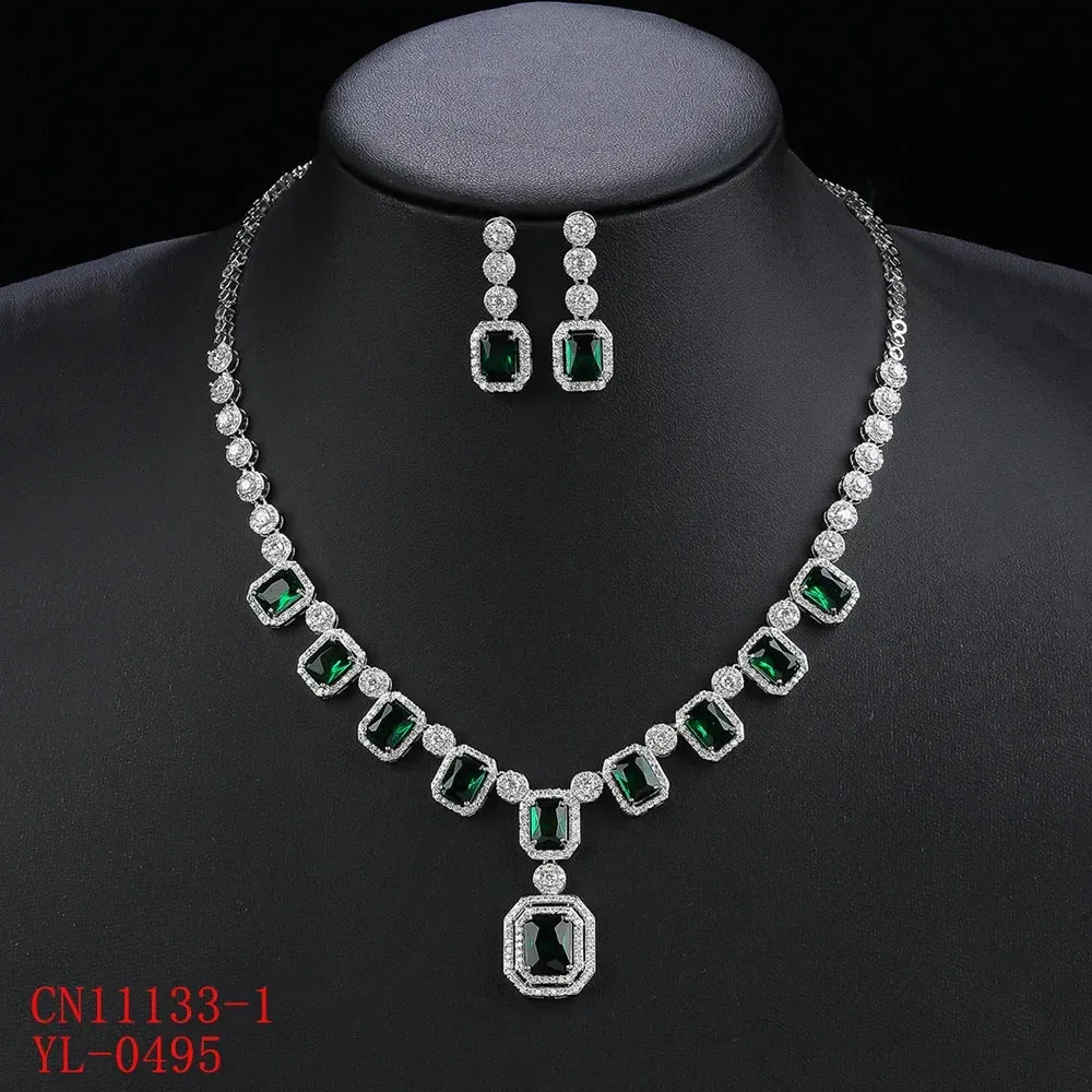 Cubic Zirconia  Engagement Bridal Party Mixed Color Silver Color Green Red Pendant Necklace Earrings 2pcs Jewelry Set CN11133