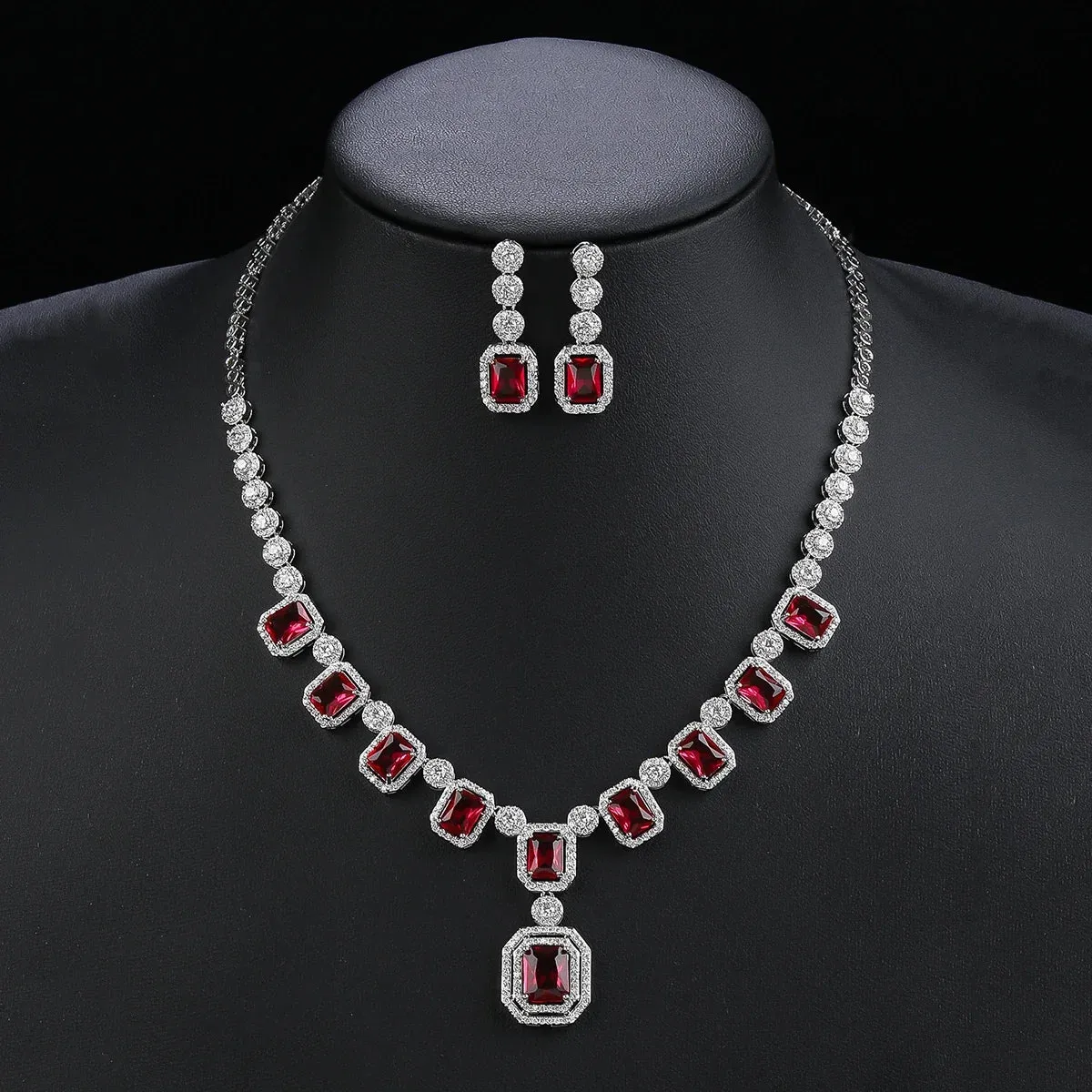 Cubic Zirconia  Engagement Bridal Party Mixed Color Silver Color Green Red Pendant Necklace Earrings 2pcs Jewelry Set CN11133