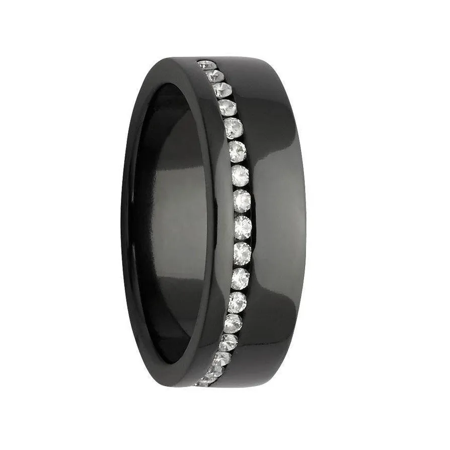 Custom Black Zirconium and Diamond Grooved Women's Wedding Band