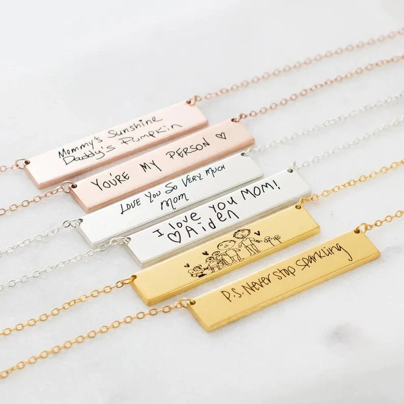 Custom Handwriting Engraved Bar Necklace, Fingerprint Necklace Heart, Personalized Drawing Necklace, Signature Necklace, Memorial Necklace