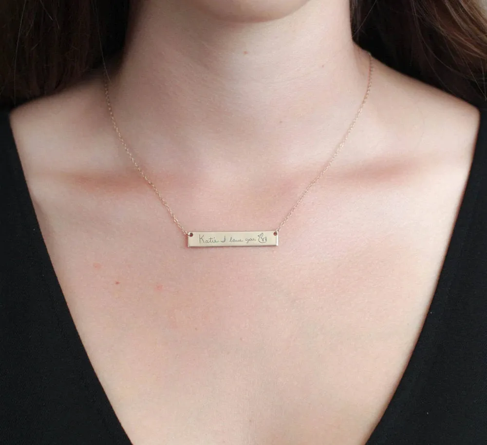 Custom Handwriting Engraved Bar Necklace, Fingerprint Necklace Heart, Personalized Drawing Necklace, Signature Necklace, Memorial Necklace