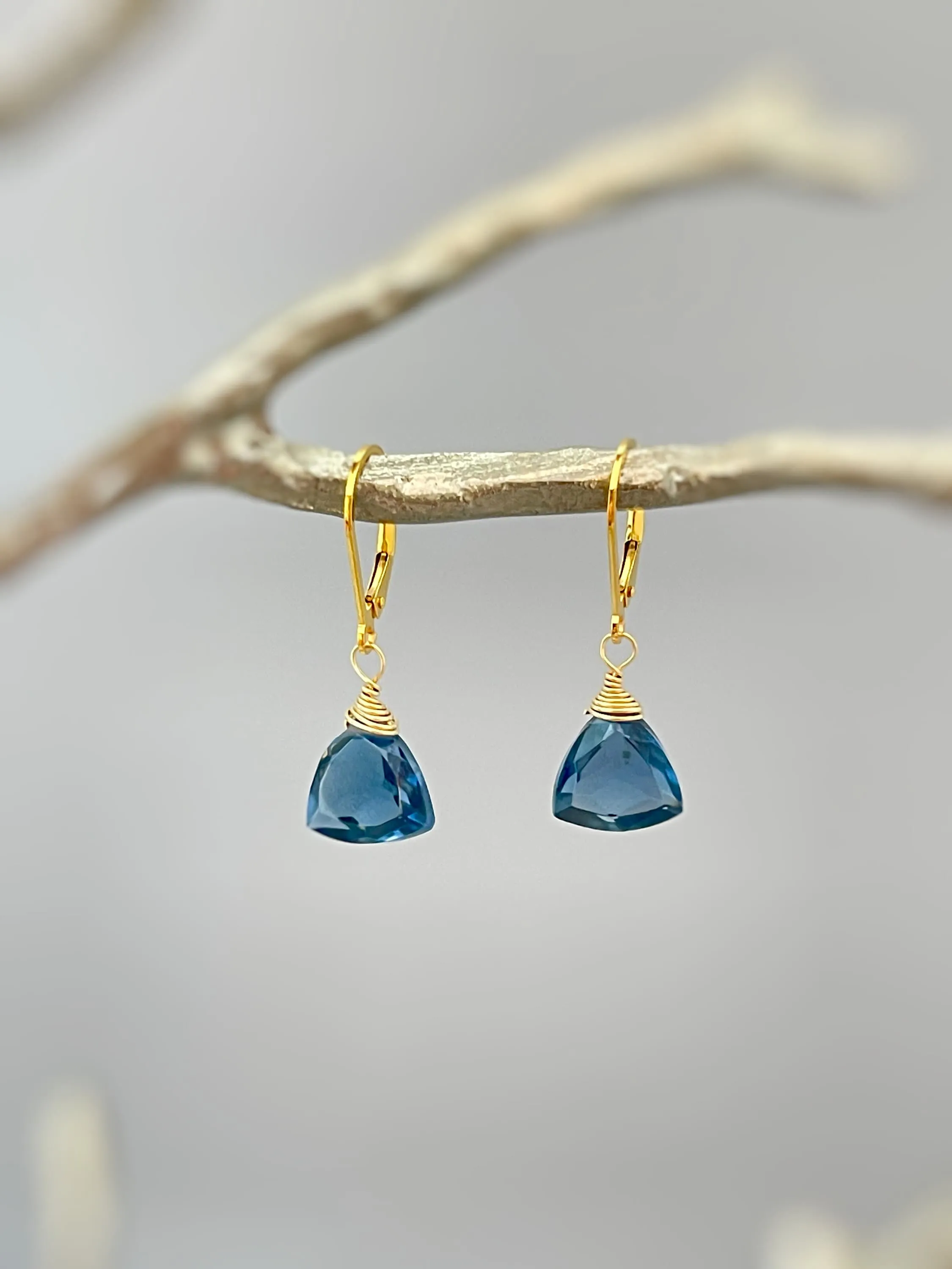 Dainty London Blue Earrings dangly sterling silver, gold, rose gold