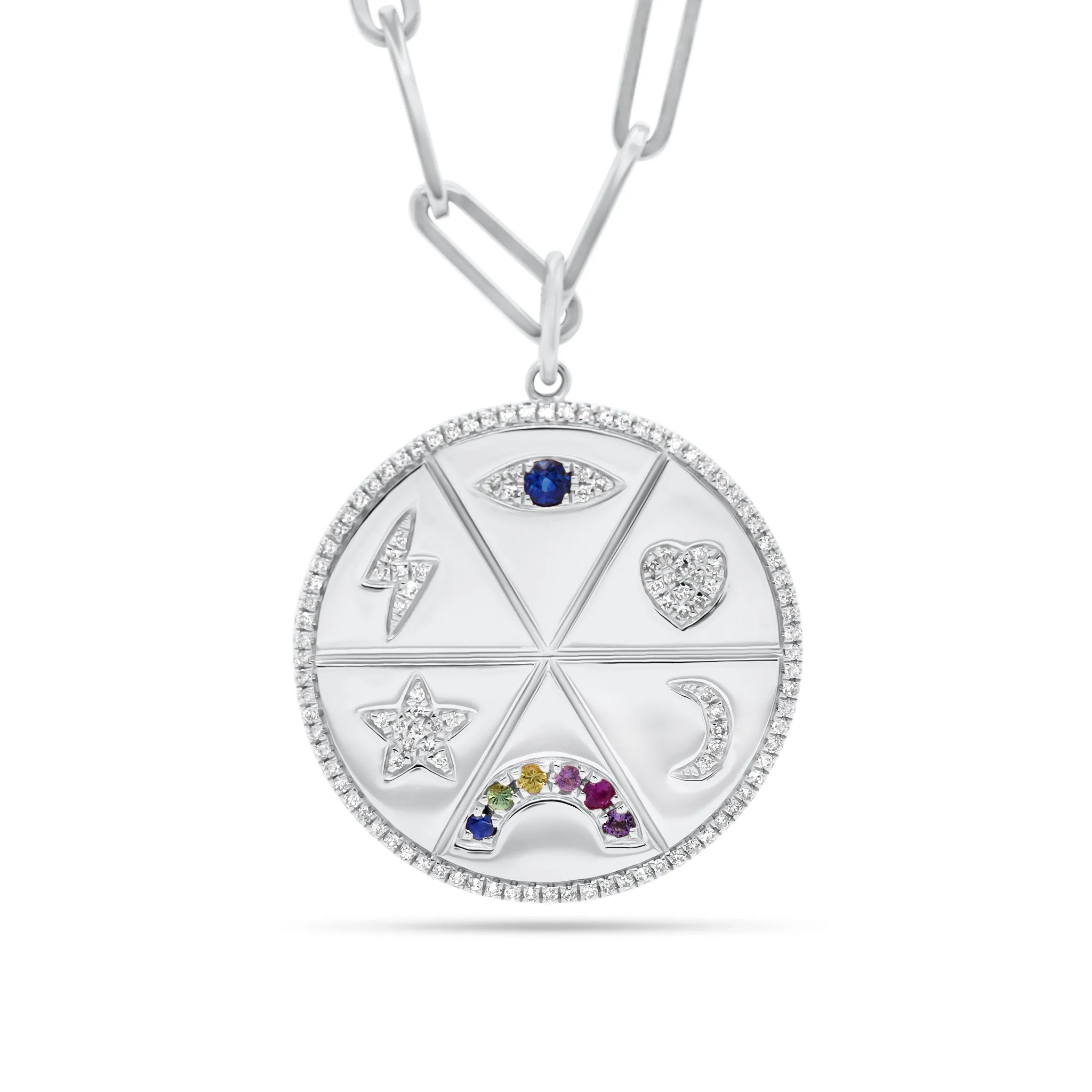 Diamond & Multicolor Gemstone Lucky Symbols Large Disc Pendant