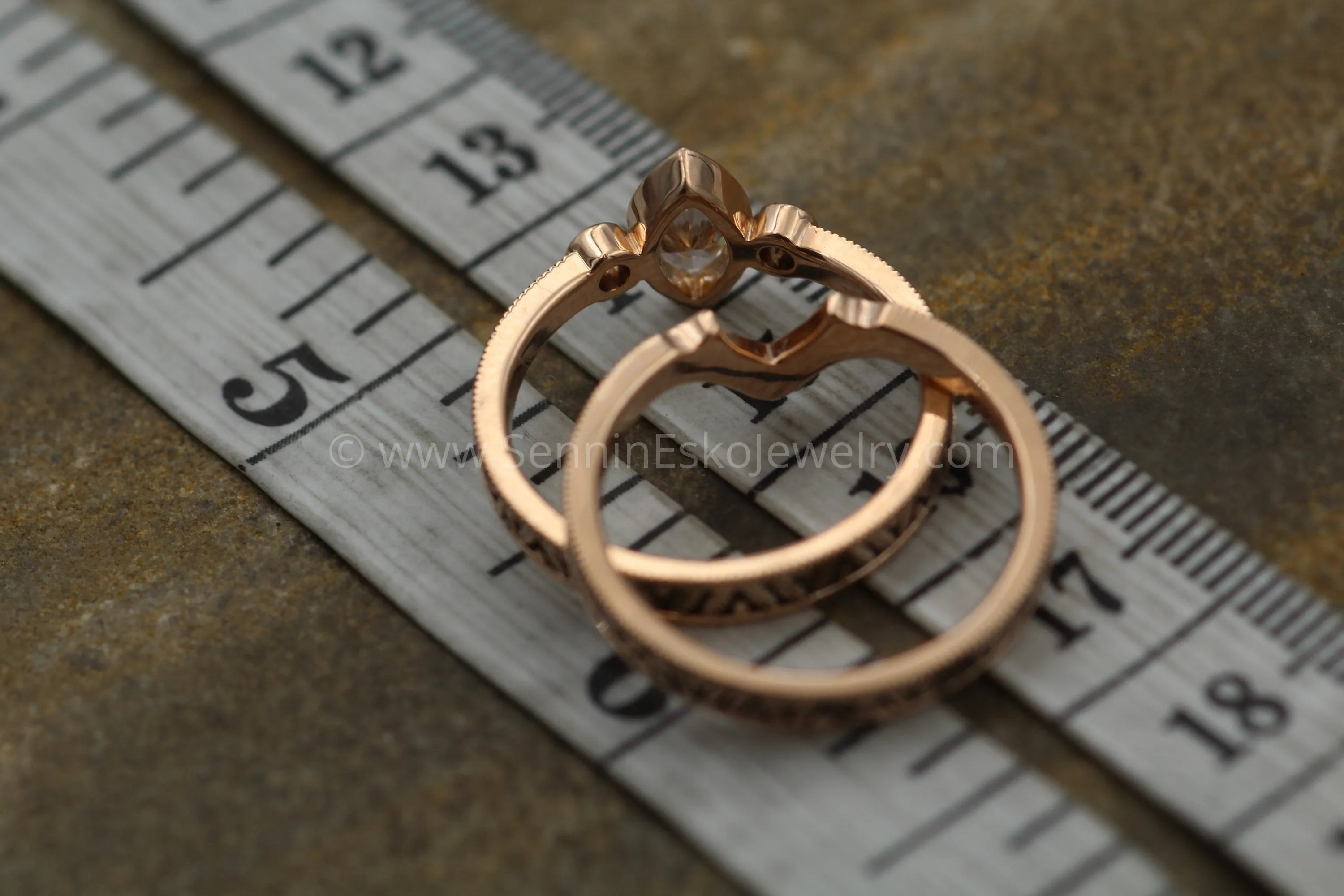 Diamond Rose Gold Hand Made Vintage Engagement Ring Set - Marquise Ring - Leaf