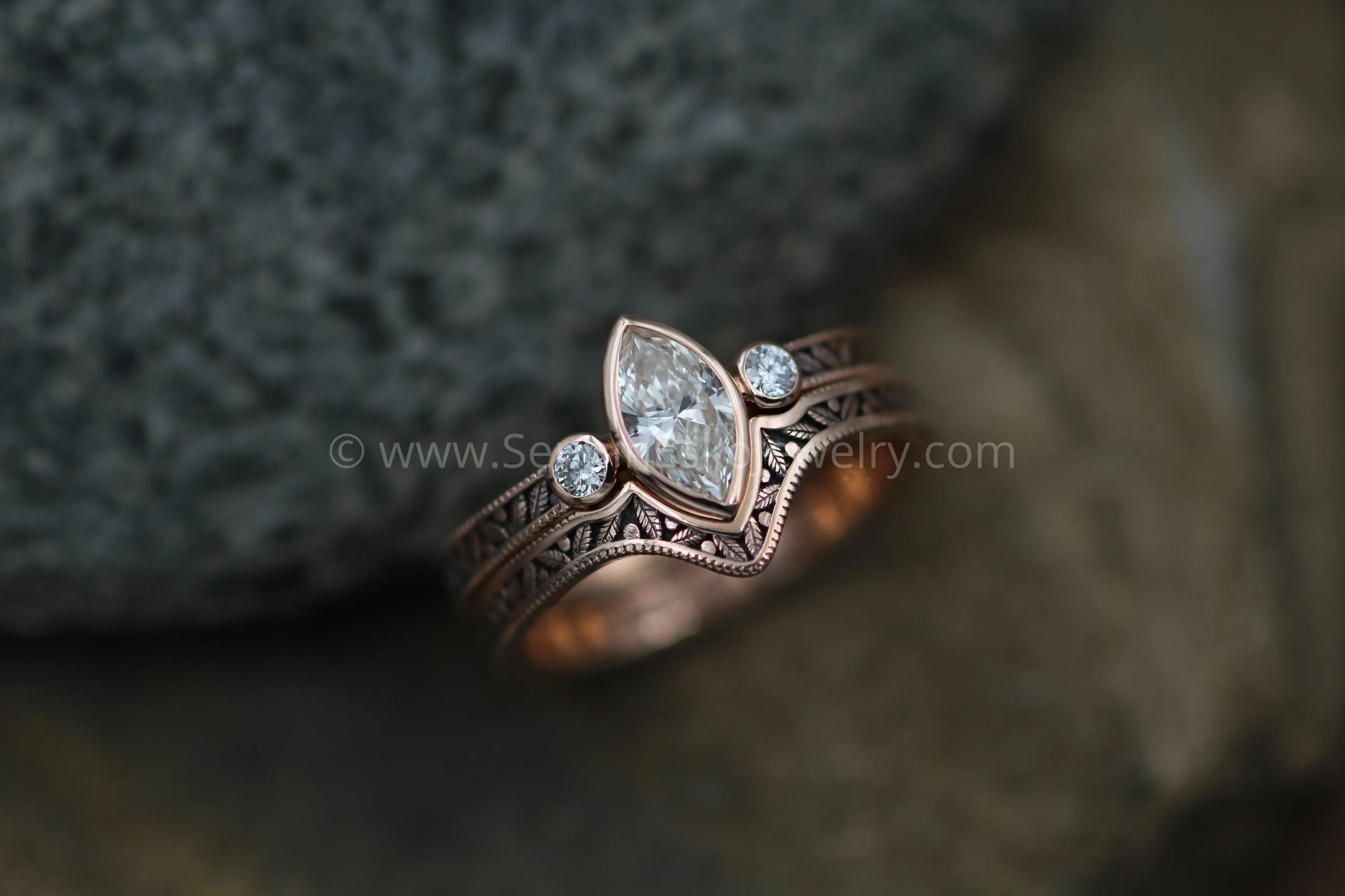 Diamond Rose Gold Hand Made Vintage Engagement Ring Set - Marquise Ring - Leaf