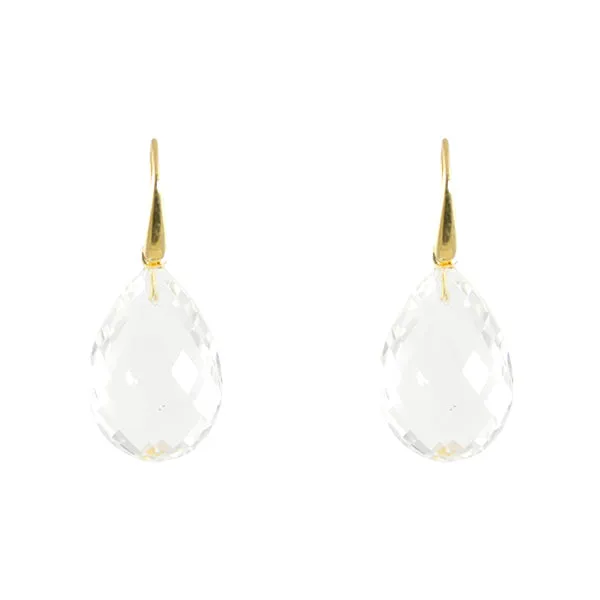 Earrings - Drop Almond Shape Crystal Quartz & Gold Plated Sterling Silver