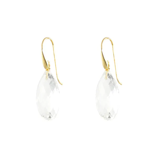 Earrings - Drop Almond Shape Crystal Quartz & Gold Plated Sterling Silver