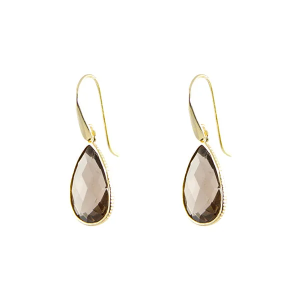 Earrings - Drop Framed Smokey Quartz Gold Plated Sterling Silver