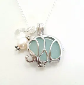 Elephant Necklace Genuine Aqua Sea Glass In Sterling Locket