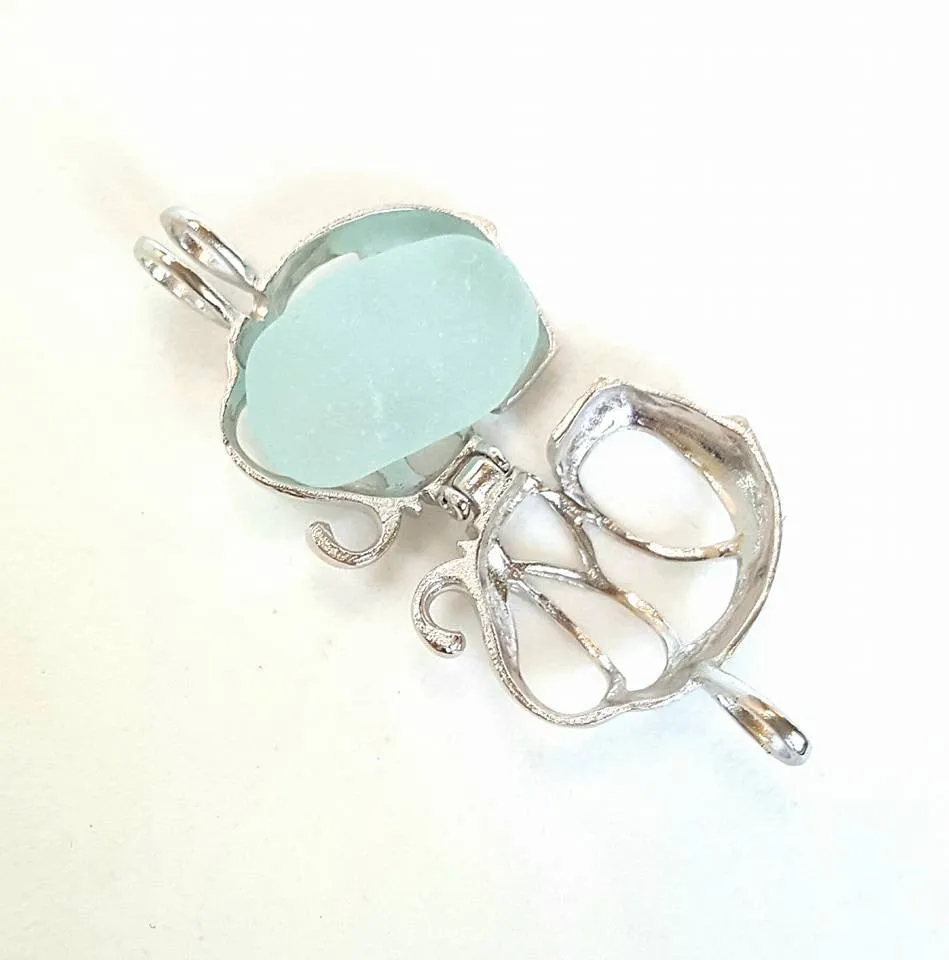 Elephant Necklace Genuine Aqua Sea Glass In Sterling Locket