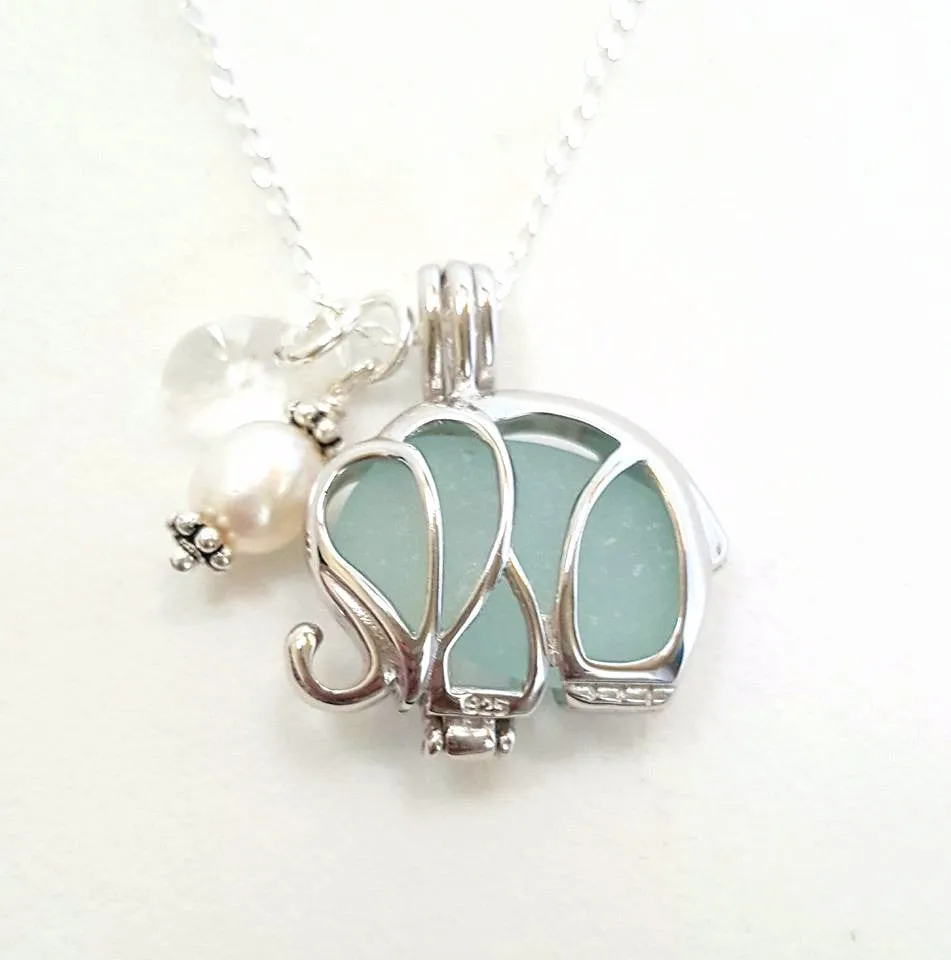 Elephant Necklace Genuine Aqua Sea Glass In Sterling Locket