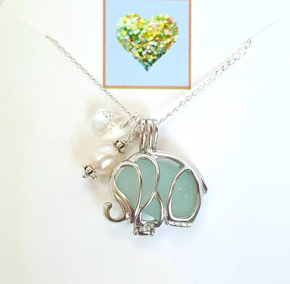 Elephant Necklace Genuine Aqua Sea Glass In Sterling Locket