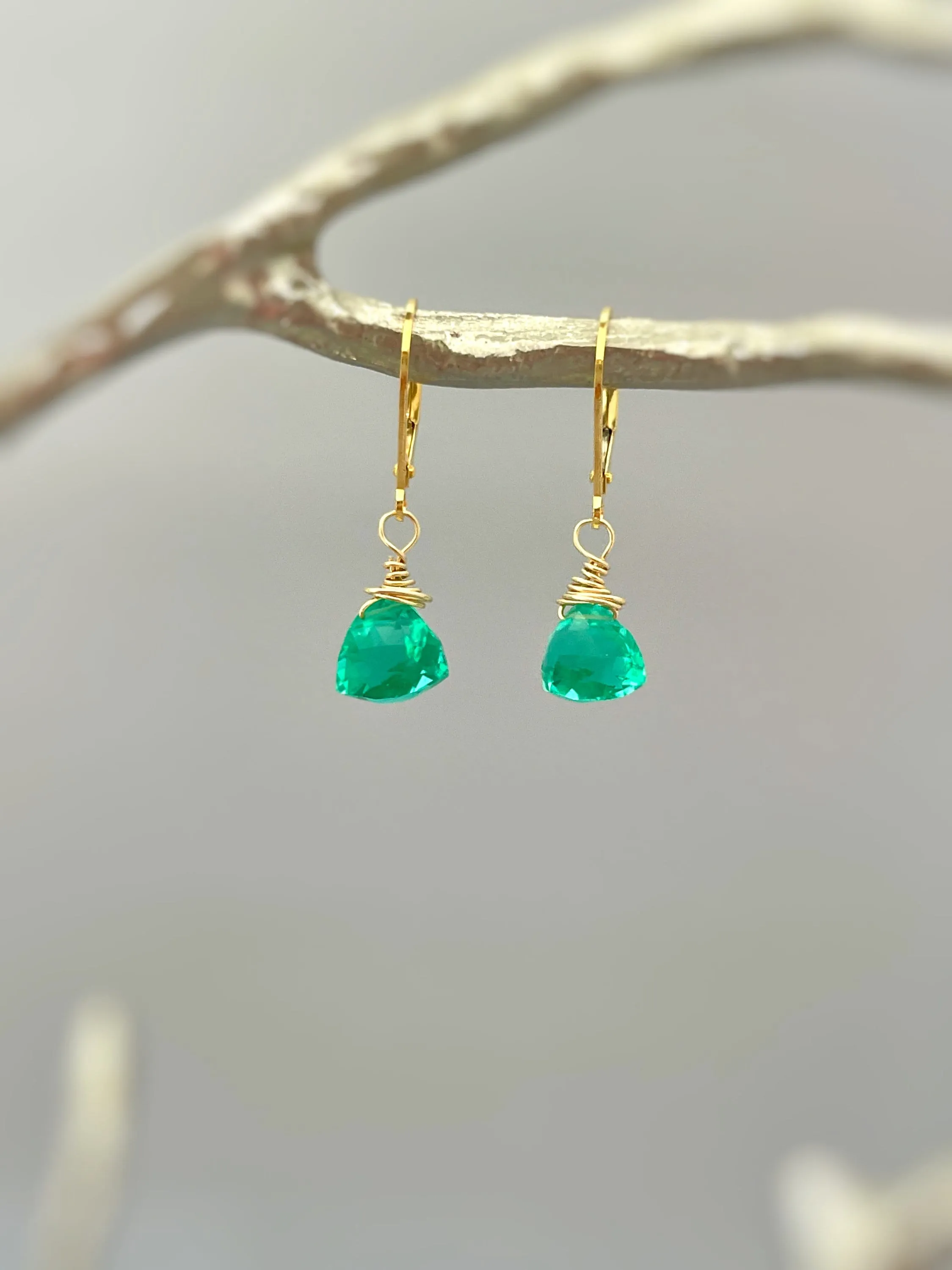 Emerald Green Gemstone earrings dangle Gold, Sterling Silver, Rose Gold