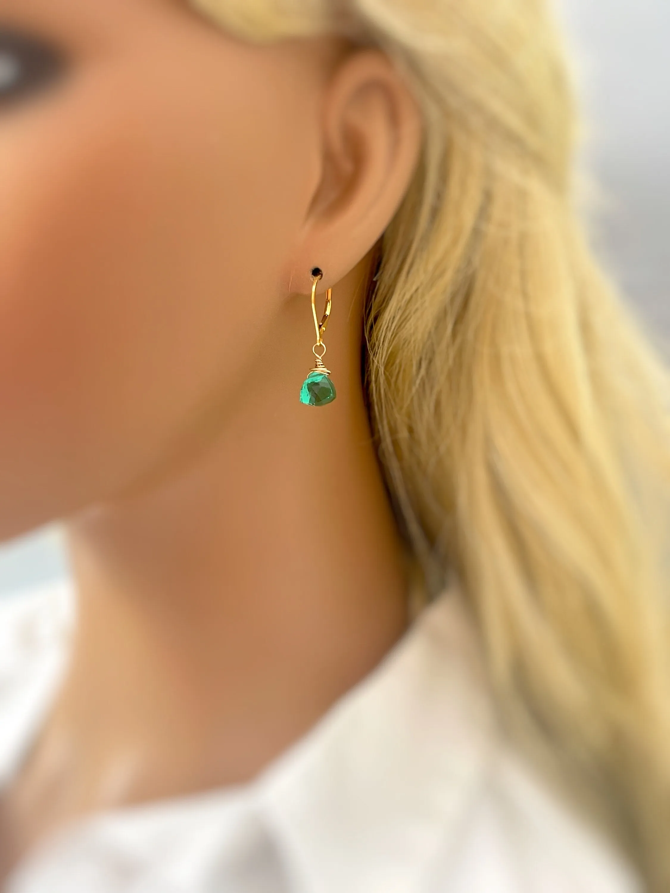 Emerald Green Gemstone earrings dangle Gold, Sterling Silver, Rose Gold