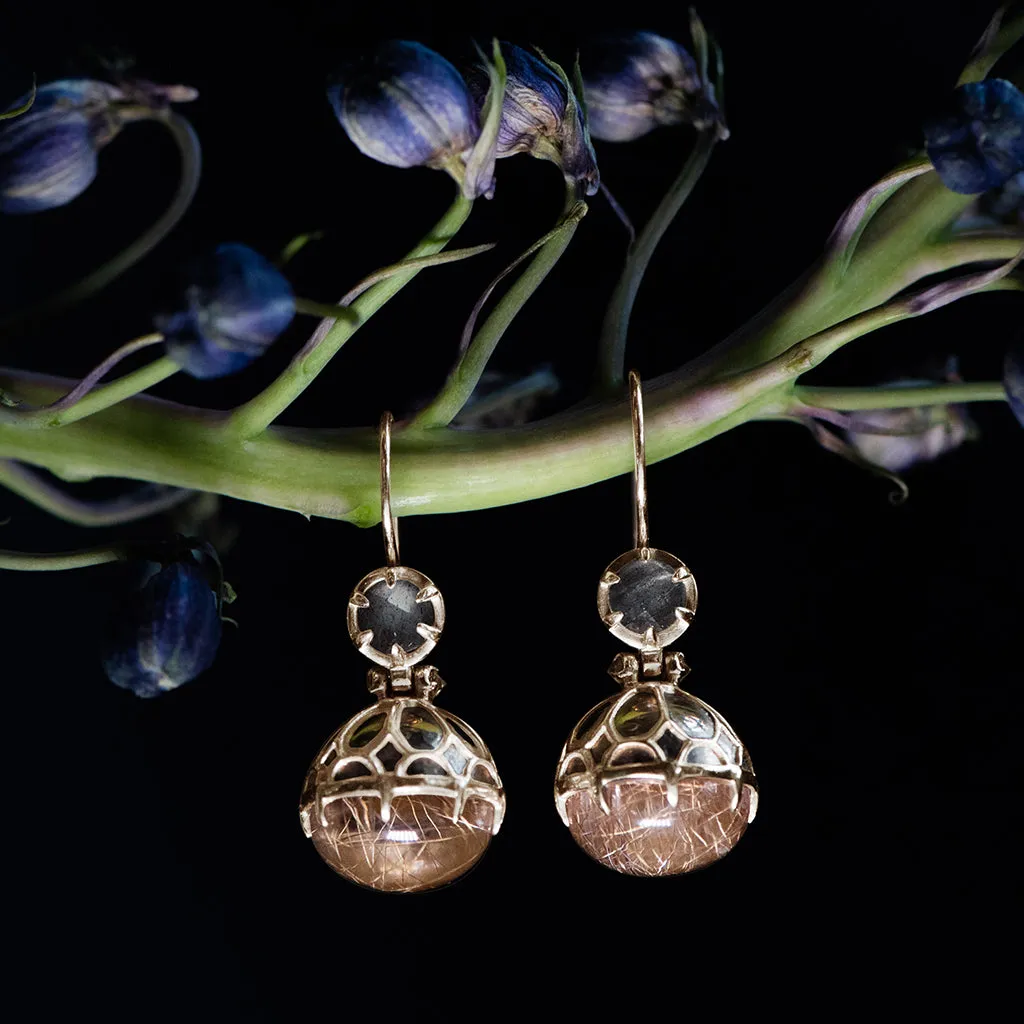 Emma Orb Drop Earrings - 14k Yellow Gold & Copper Rutilated Quartz