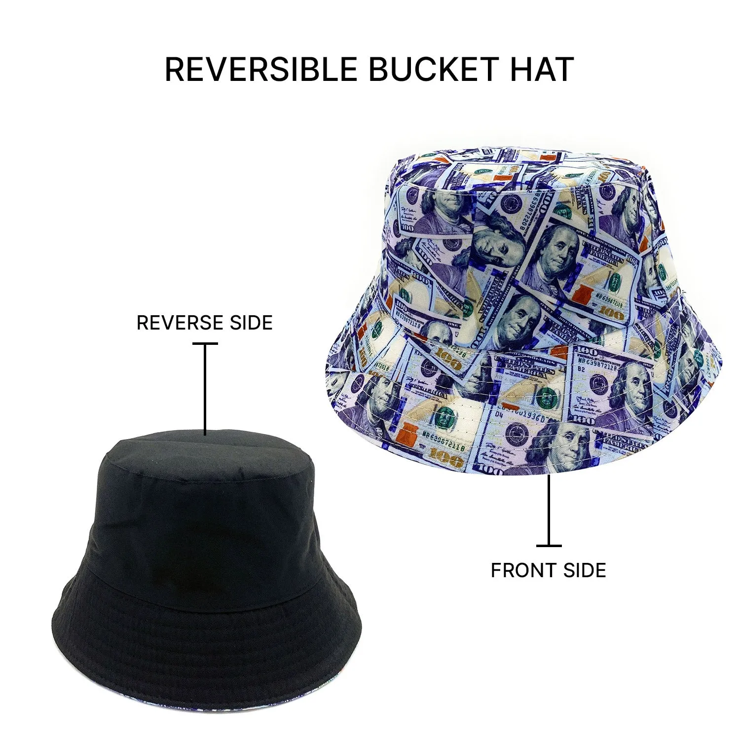 Empire Cove 100 Dollar Bill Money Bucket Hat Reversible Fisherman Cap Women Men