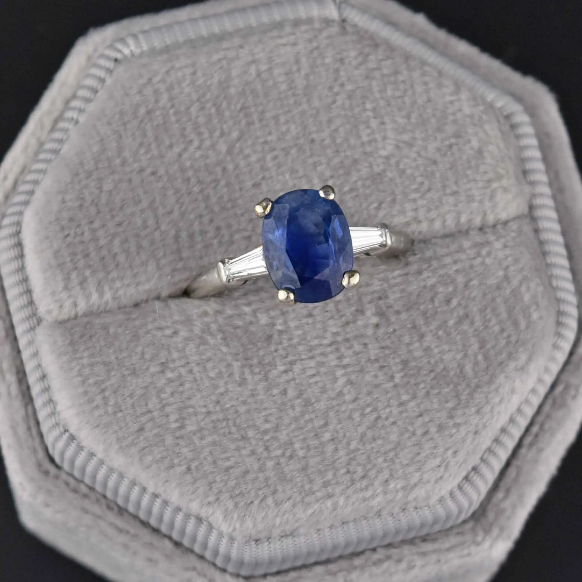 Estate Platinum Natural Sapphire Baguette Diamond Ring