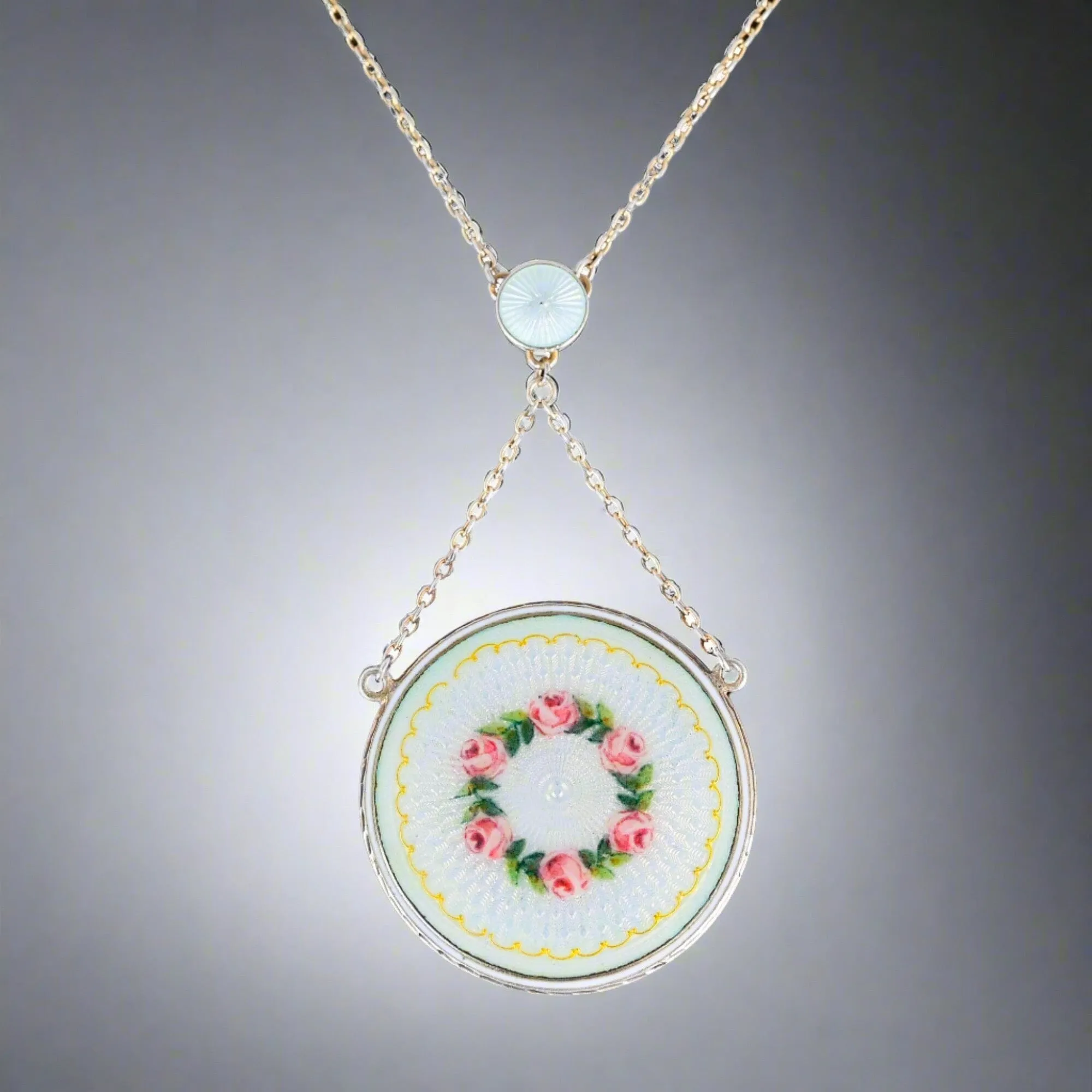 Exceptional Guilloche Enamel Edwardian Locket Necklace