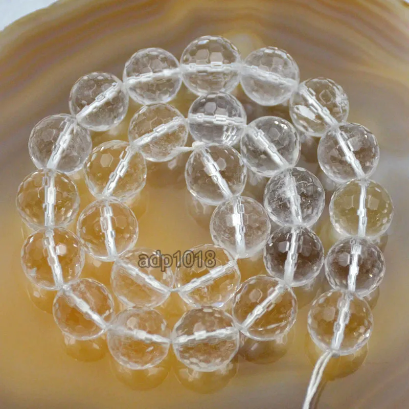 Faceted Natural Clear Crystal Quartz Gemstone Round Loose Beads on a 15.5" Strand