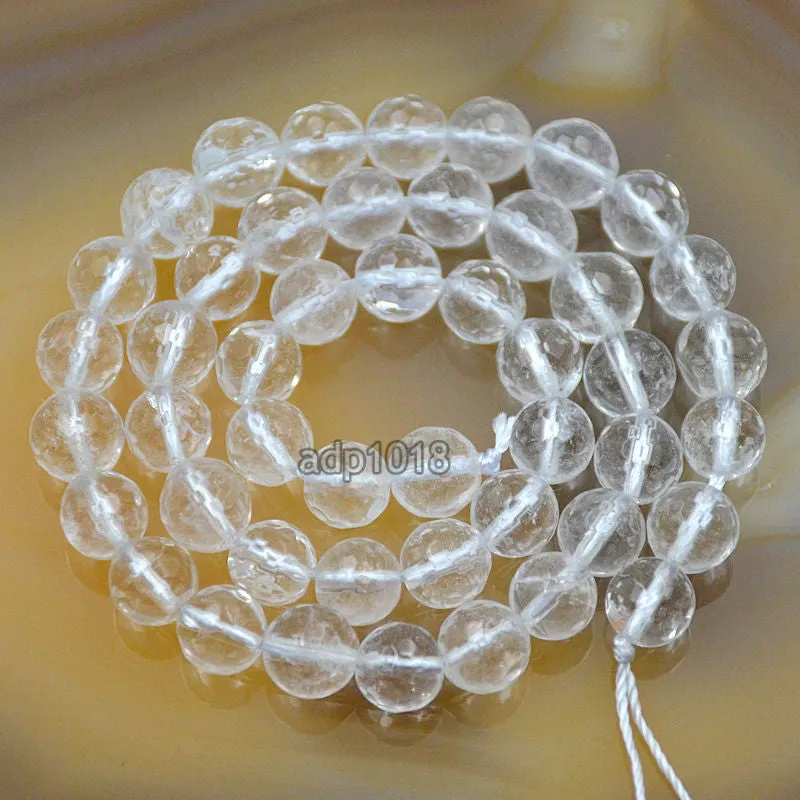 Faceted Natural Clear Crystal Quartz Gemstone Round Loose Beads on a 15.5" Strand