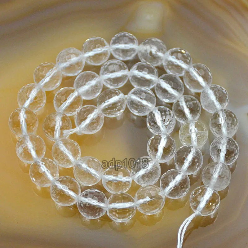 Faceted Natural Clear Crystal Quartz Gemstone Round Loose Beads on a 15.5" Strand