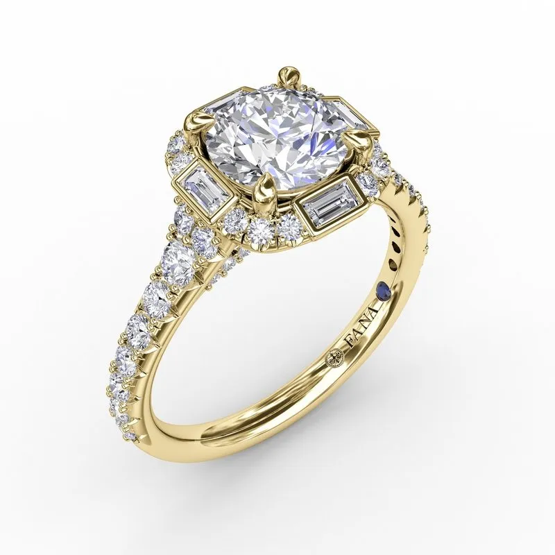 Fana Cushion Shaped Diamond Halo Engagement Ring With Baguettes S3286