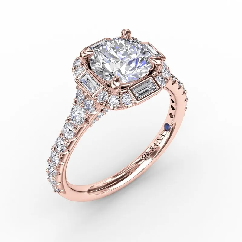 Fana Cushion Shaped Diamond Halo Engagement Ring With Baguettes S3286