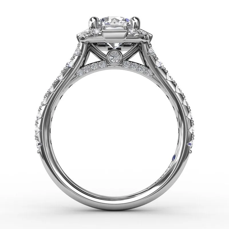 Fana Cushion Shaped Diamond Halo Engagement Ring With Baguettes S3286