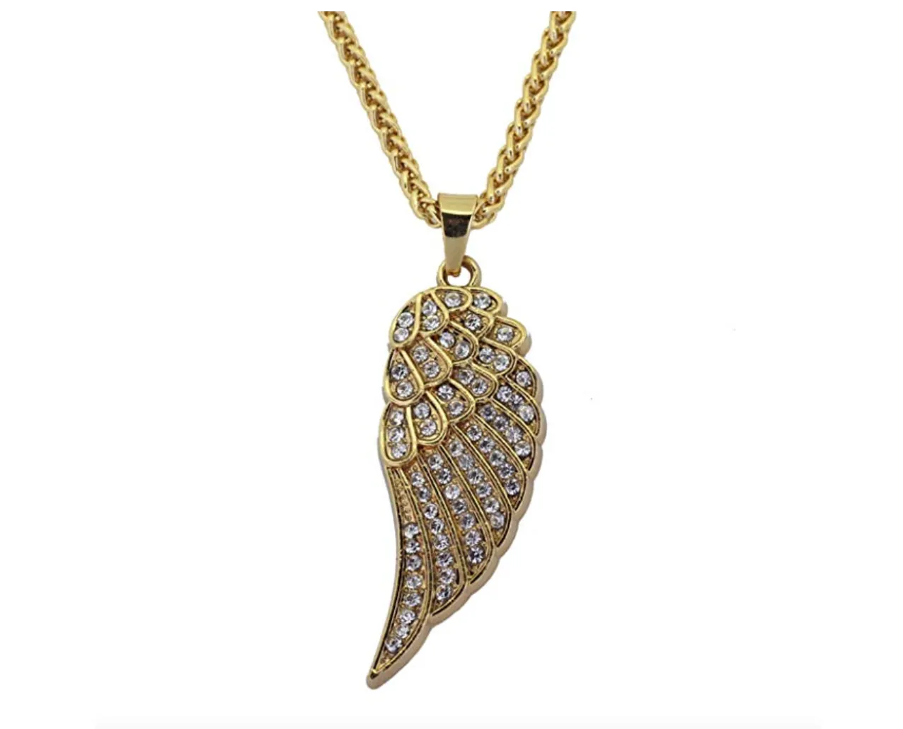 Feather Necklace Angel Wing Simulated Diamond Chain Hip Hop Jewelry Gold Silver Color Metal Alloy 24in.