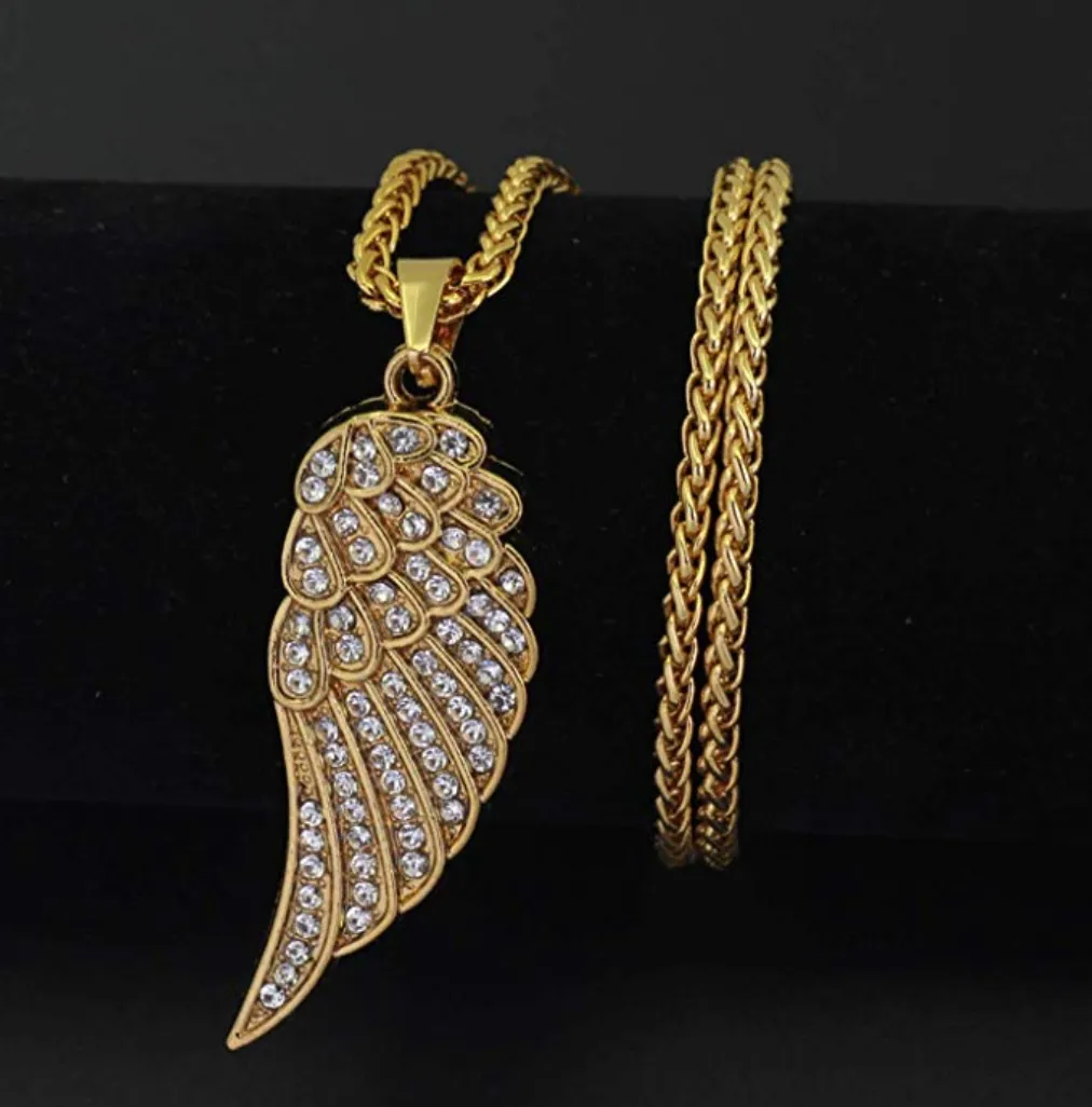 Feather Necklace Angel Wing Simulated Diamond Chain Hip Hop Jewelry Gold Silver Color Metal Alloy 24in.