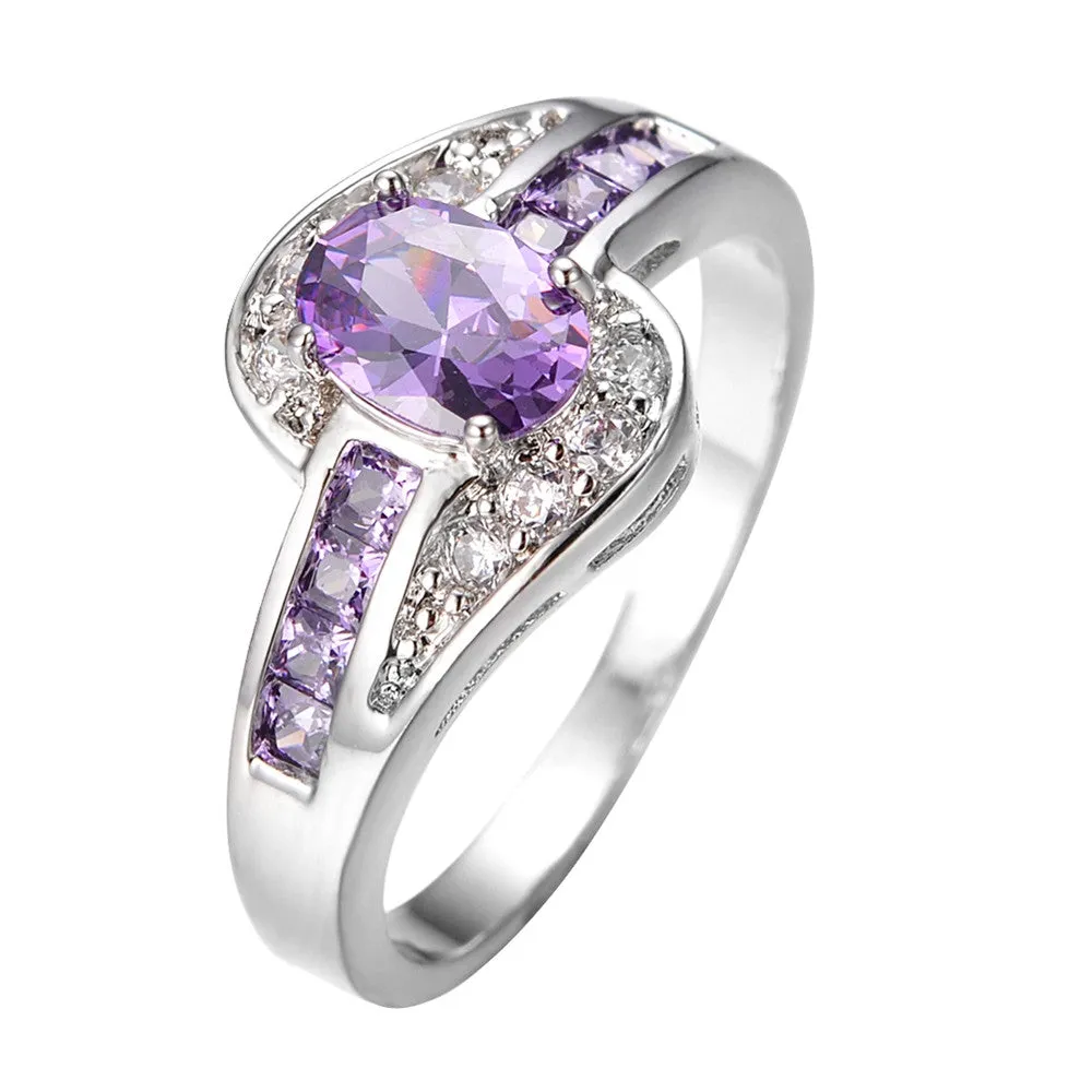 Female Purple Oval Ring Fashion White & Black Gold Filled Jewelry Vintage Wedding Rings For Women Birthday Stone Gifts