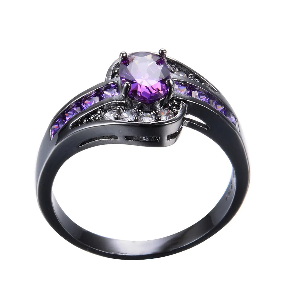 Female Purple Oval Ring Fashion White & Black Gold Filled Jewelry Vintage Wedding Rings For Women Birthday Stone Gifts