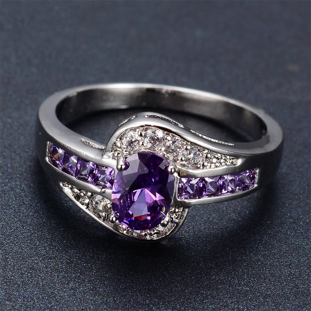 Female Purple Oval Ring Fashion White & Black Gold Filled Jewelry Vintage Wedding Rings For Women Birthday Stone Gifts