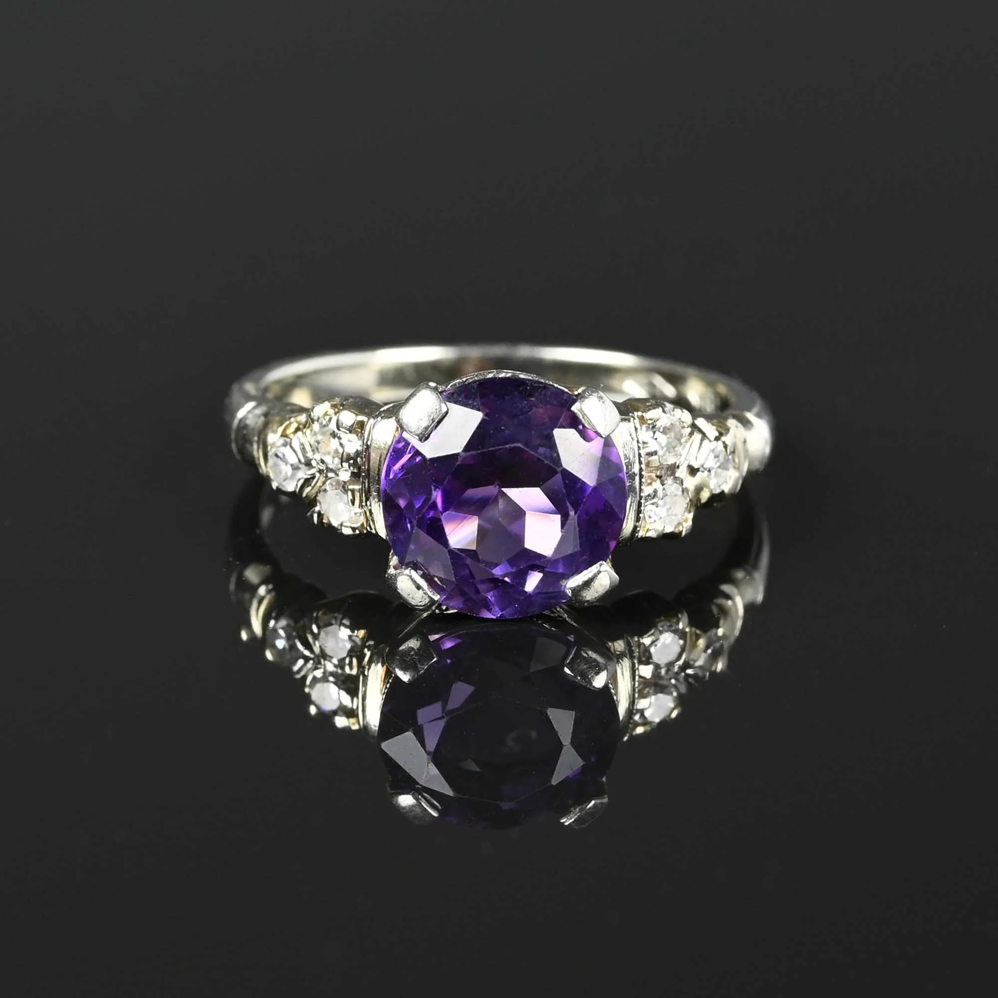 Fine 18K White Gold Diamond Amethyst Ring