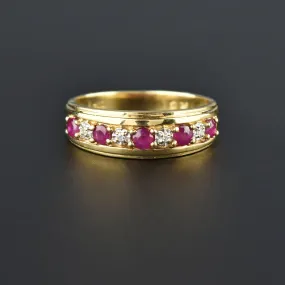 Fine Wide Gold Ruby Diamond Half Eternity Band Ring