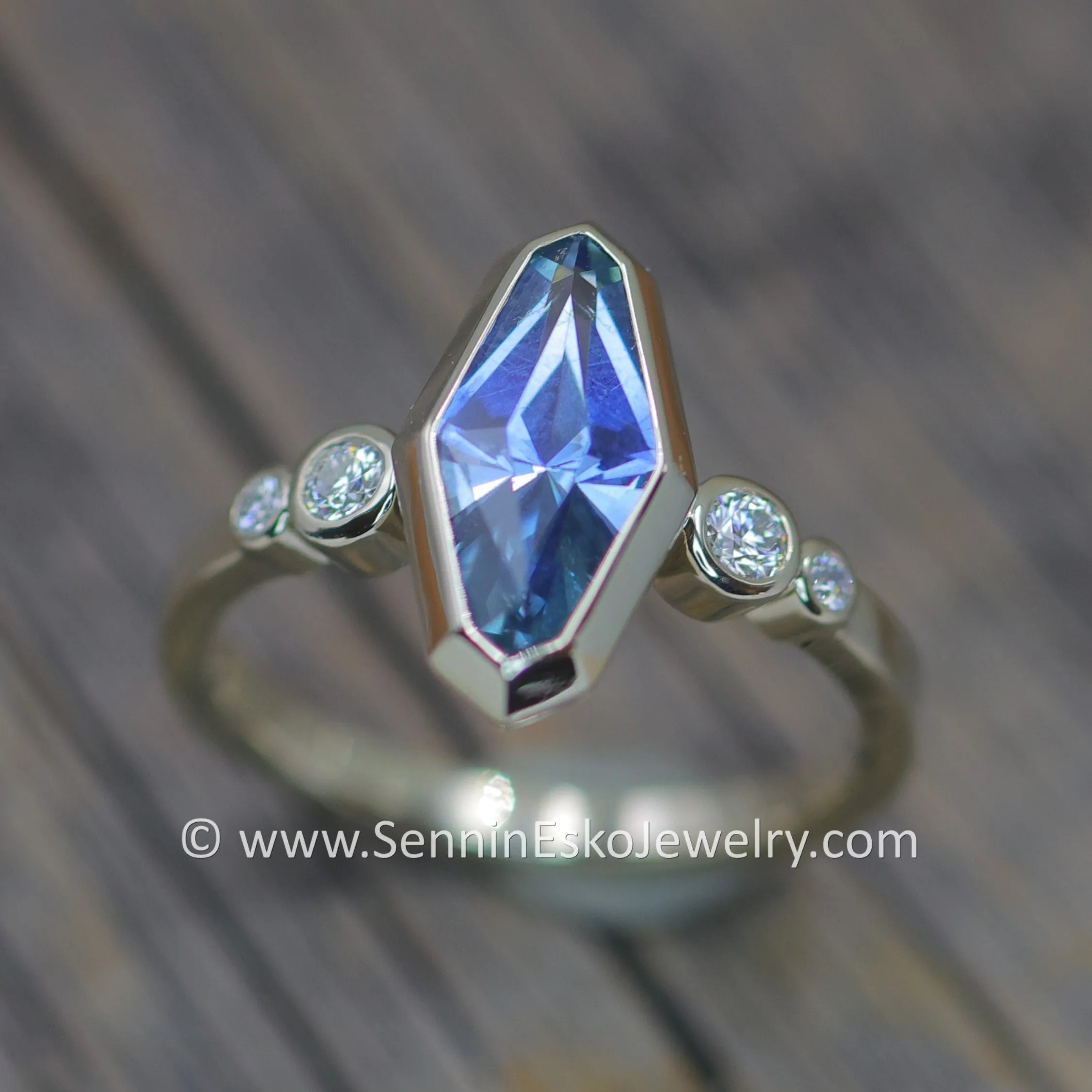 Five Stone Diamond Accented Multi Bezel Setting - Depicted with a Precision cut 1.76ct Umba Sapphire Marquise  (Setting Only, Center Stone Sold Separately)