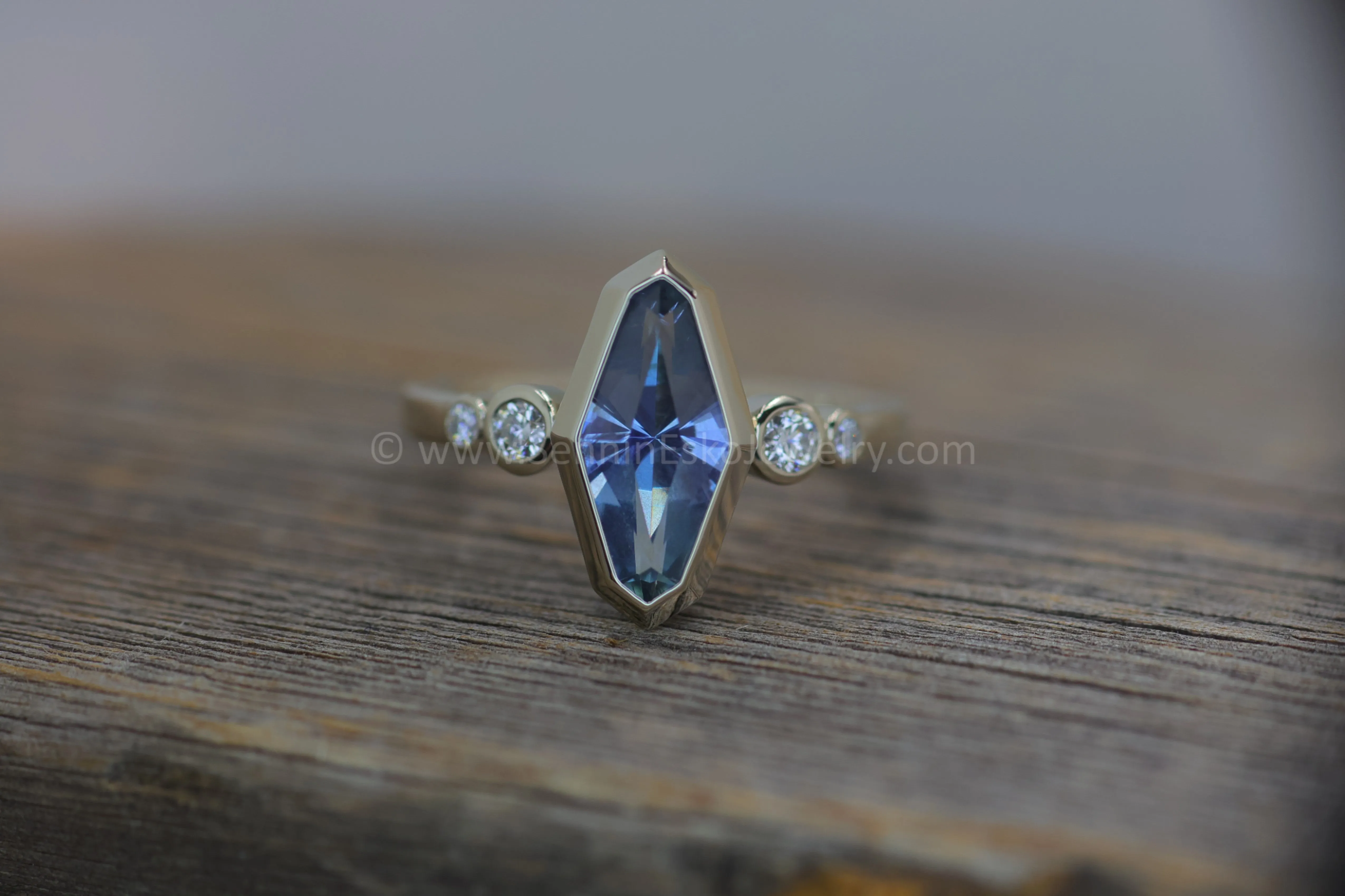 Five Stone Diamond Accented Multi Bezel Setting - Depicted with a Precision cut 1.76ct Umba Sapphire Marquise  (Setting Only, Center Stone Sold Separately)