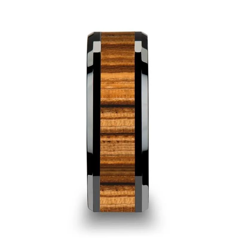 Genuine Zebra Wood Inlaid Black Ceramic Wedding Band For Men & Women 4mm-10mm