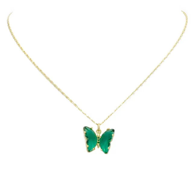 Gold & Green Crystal Butterfly Pendant Necklace