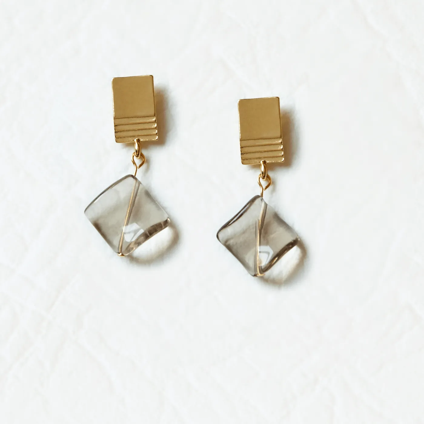 gold layered square   twisted smoky quartz earrings