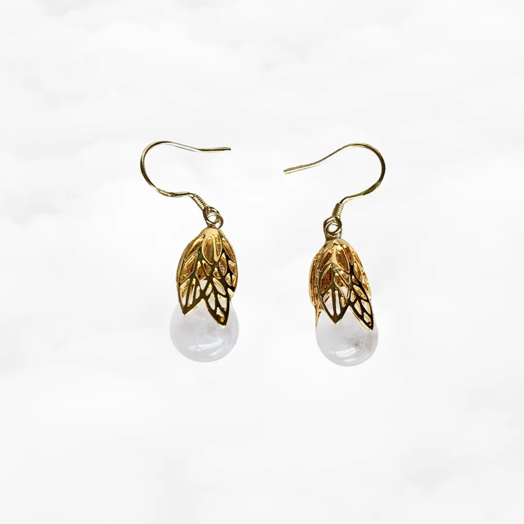 Gold Leaf White Quartz Earrings