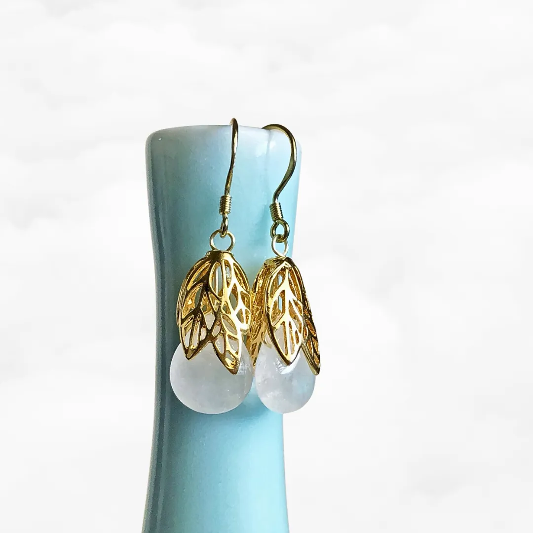 Gold Leaf White Quartz Earrings