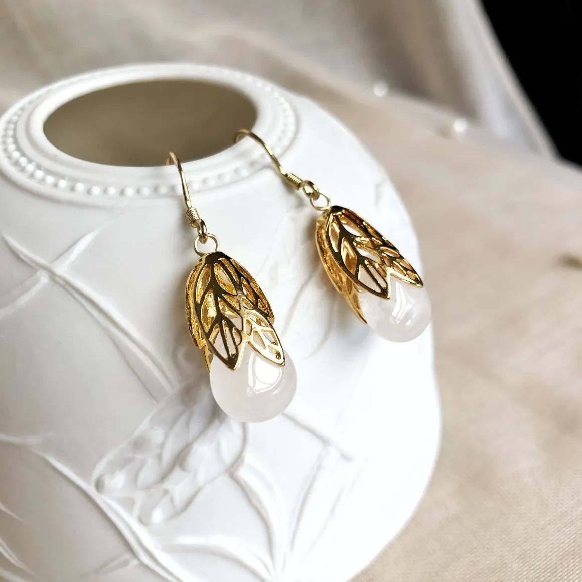 Gold Leaf White Quartz Earrings