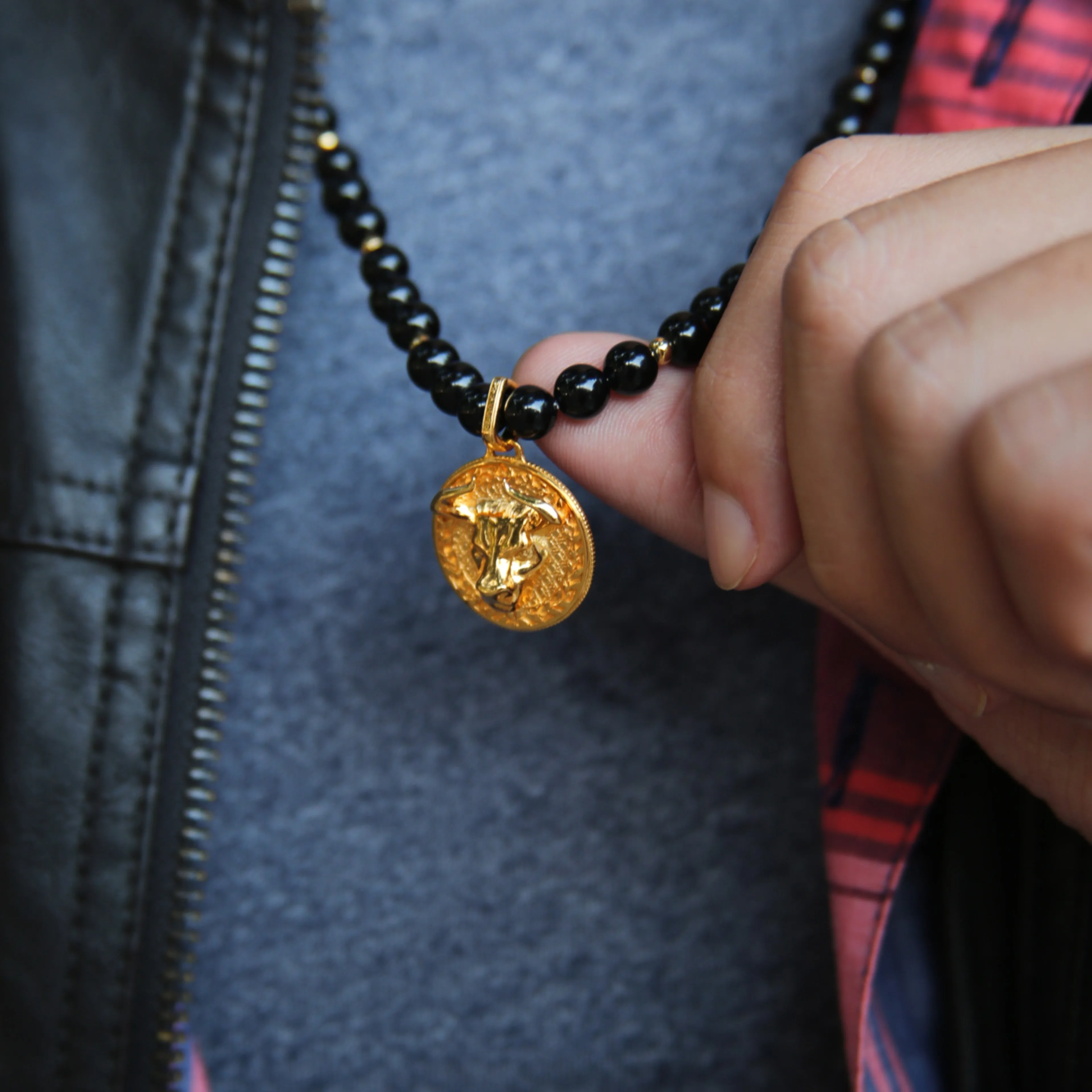 Gold Obsidian Beaded Necklace with Pendant